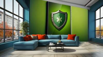 Illustration of antivirus shield on smartphone screen on green background. Generative AI Wall mural