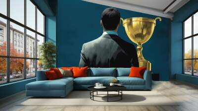 Illustration of businessman and golden trophy, finance and business concept, blue background. Generative AI Wall mural