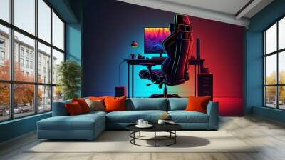 Illustration of gamer setup, computer and gamer chair, gradient background. AI Wall mural