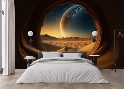 Illustration of mystical portal in the desert with dunes, milky way in the sky. Generative AI Wall mural