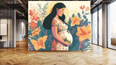 Illustration of pregnant woman with hand on belly. Generative AI Wall mural