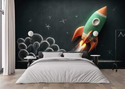 Illustration of rocket in the blackboard, concept of business and creativity. Generative AI Wall mural