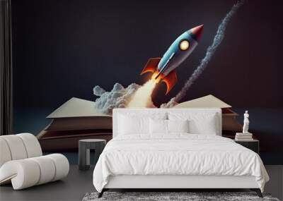 Illustration of rocket taking off from a book, startup and creativity concept, blue background. Generative AI Wall mural