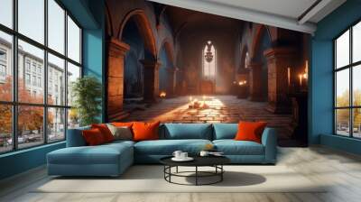 Illustration of the interior of a medieval castle, concept of history and fantasy. Generative AI Wall mural