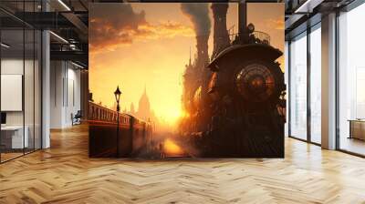 Iron train with city in the background with sunset, steampunk style. AI digital illustration Wall mural