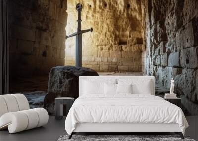 Knight's sword stuck in stone of a medieval castle, fantasy concept. Wall mural