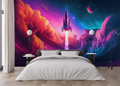 Landscape illustration with rocket taking off, vaporwave style. Generative AI Wall mural