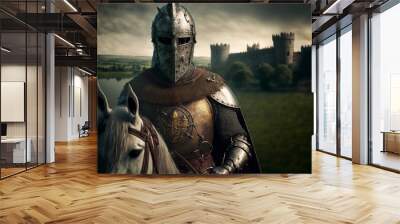 Landscape medieval knight in armor and castle in background. AI digital illustration Wall mural