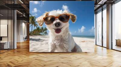 Landscape with cute dog with sunglasses on the beach. Generative AI Wall mural