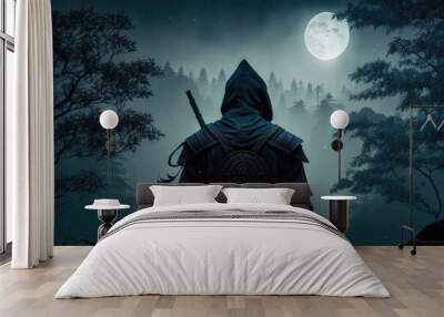 Landscape with dark ninja from the back and full moon, black background. Generative AI Wall mural