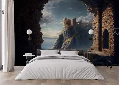 Landscape with medieval castle on a cliff in the sea. Digital illustration. AI Wall mural