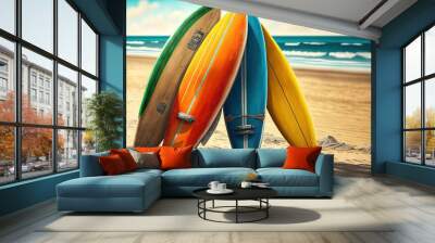 Landscape with several surfboards on the beach sand with sea and sky in the background. Generative AI Wall mural