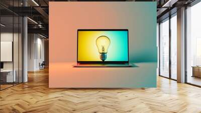 Light bulb on laptop screen, gradient background. AI digital illustration Wall mural