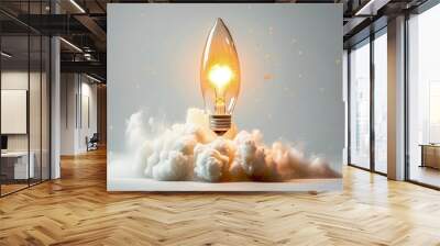 Light bulb taking off like rocket on white background, startup and business concept. Wall mural