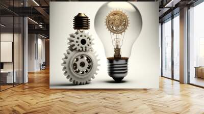 Light bulb with gears, concept of ideas, white background. Digital illustration. AI Wall mural