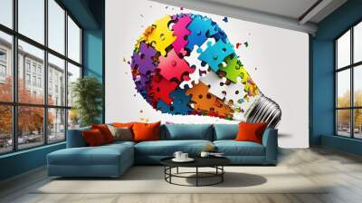 Light bulb with puzzle pieces, white background. Generative AI Wall mural