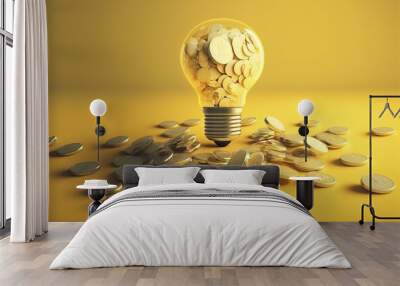 Light bulb with scattered coins, yellow background. Digital illustration. AI Wall mural