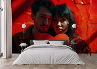 Loving couple of lovers and red heart, Valentine's Day. Generative AI Wall mural