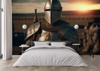 Medieval knight in armor, castle guard, battlefield in background. Generative AI Wall mural