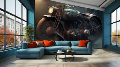 Old motorcycle in steampunk style, background. AI digital illustration Wall mural