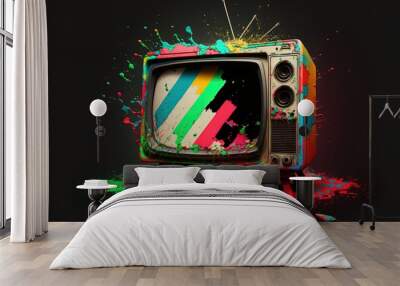 Old TV, 80s and 90s style retro television, colorful, background. Generative AI Wall mural