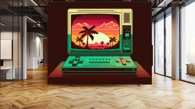 Old video game console, 80s, retro, 8 bit, with landscape in the background. Digital illustration AI Wall mural