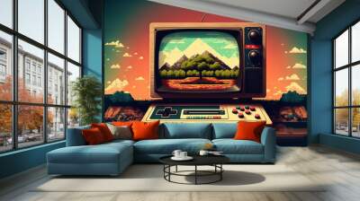 Old video game console with joystick, 8 bit, landscape in the background. Generative AI Wall mural