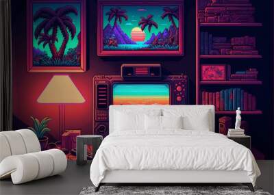 Old video game console with landscape in the background, 16 bit pixel art. Digital illustration. AI Wall mural