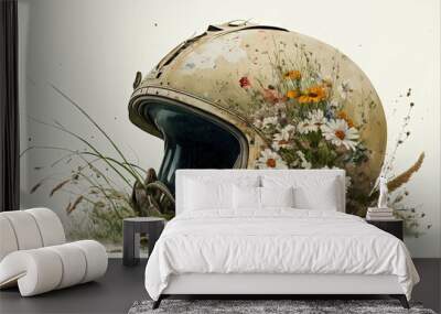 Painting of deteriorated war helmet with grass and flowers, digital illustration, white background. Generative AI Wall mural