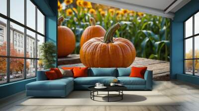 Pumpkin on wooden table, plantation in background, agriculture and harvest concept. Wall mural