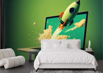 Rocket coming out of laptop screen, green background. AI digital illustration Wall mural