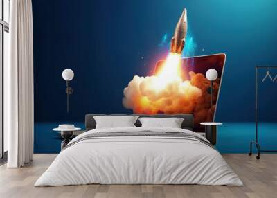 Rocket coming out of laptop screen, innovation and creativity concept, background. Generative AI Wall mural