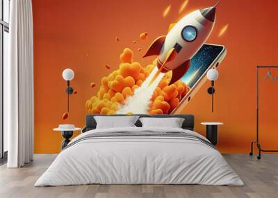 Rocket on coming out of mobile screen, cell phone, startup concept, orange background. Generetaive AI Wall mural