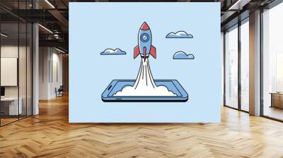 Rocket taking off from a cell phone, technology and startup concept. Wall mural