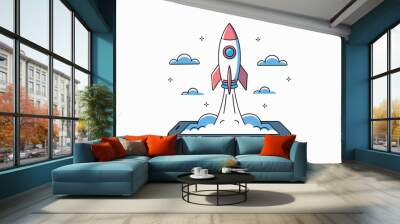 Rocket taking off from a cell phone, technology and startup concept. Wall mural