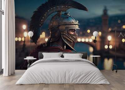 Roman soldier in armor, Greek city in the background, night scene. Generative AI Wall mural