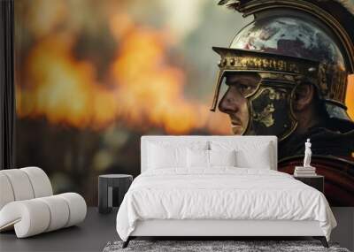 Roman soldier with helmet, battlefield in the background on fire. Wall mural