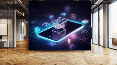 Shopping cart illustration, ecommerce and business concept, background. Generative AI Wall mural