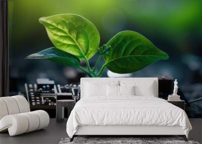 Small plant on circuit board, technology and sustainability concept. Generative AI Wall mural