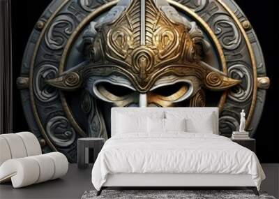 Spartan emblem made of silver and golden details, black background. Generative AI Wall mural