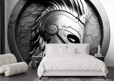 Spartan helmet emblem illustration in silver circle, logo, white background. Generative AI Wall mural