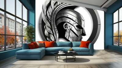 Spartan helmet emblem illustration in silver circle, logo, white background. Generative AI Wall mural