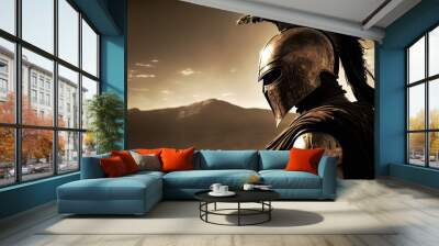 Spartan soldier illustration with helmet and battlefield in background. Generative AI Wall mural