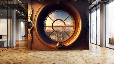 View from inside an airship, steampunk style. AI digital illustration Wall mural