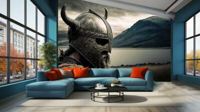 Viking warrior from the back with helmet, mountains and lake in the background. AI digital illustration Wall mural