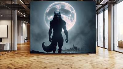 Werewolf illustration at night, with full moon in the background. Generative AI Wall mural