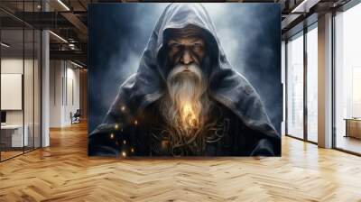 Wizard with hood, fantasy and imagination concept. Generative AI Wall mural