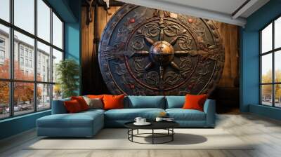 Wooden Viking shield with forged details. Generative AI Wall mural