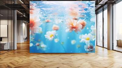 concept of fresh spring flowers in blue water background. love is in the water. generative ai Wall mural