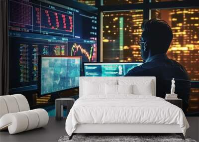 Immerse in the realm of finance, a businessman confidently works on a virtual screen monitor, utilizing central banking systems and international currency to facilitate money transfers and forex trans Wall mural